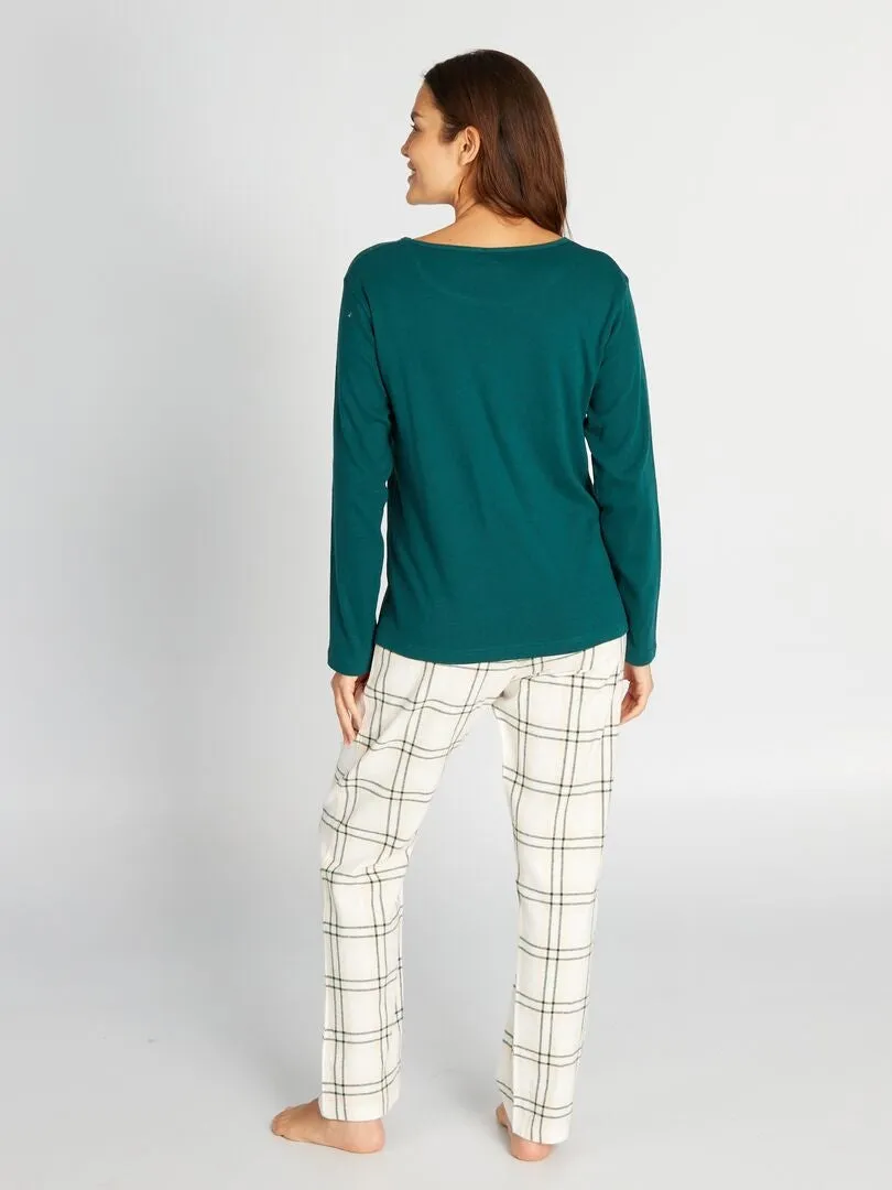 PIJAMA LARGO CAMISETA + PANTALóN DE FRANELA  2 PIEZAS  VERDE